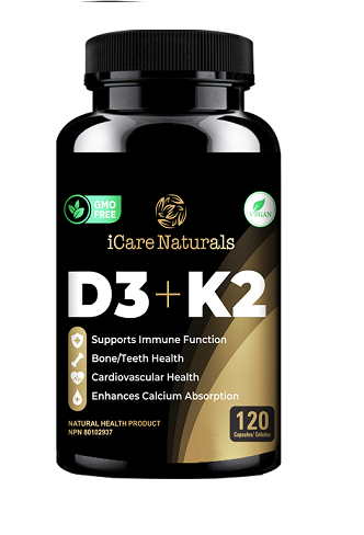 iCare Naturals K2 + D3 | Canadian-Made High Potency 1000 IU/120MCG - 120 Capsules - Helps Maintain Bone & Teeth Health - With MK-7 For Best Results - Support Immune System - Vegan