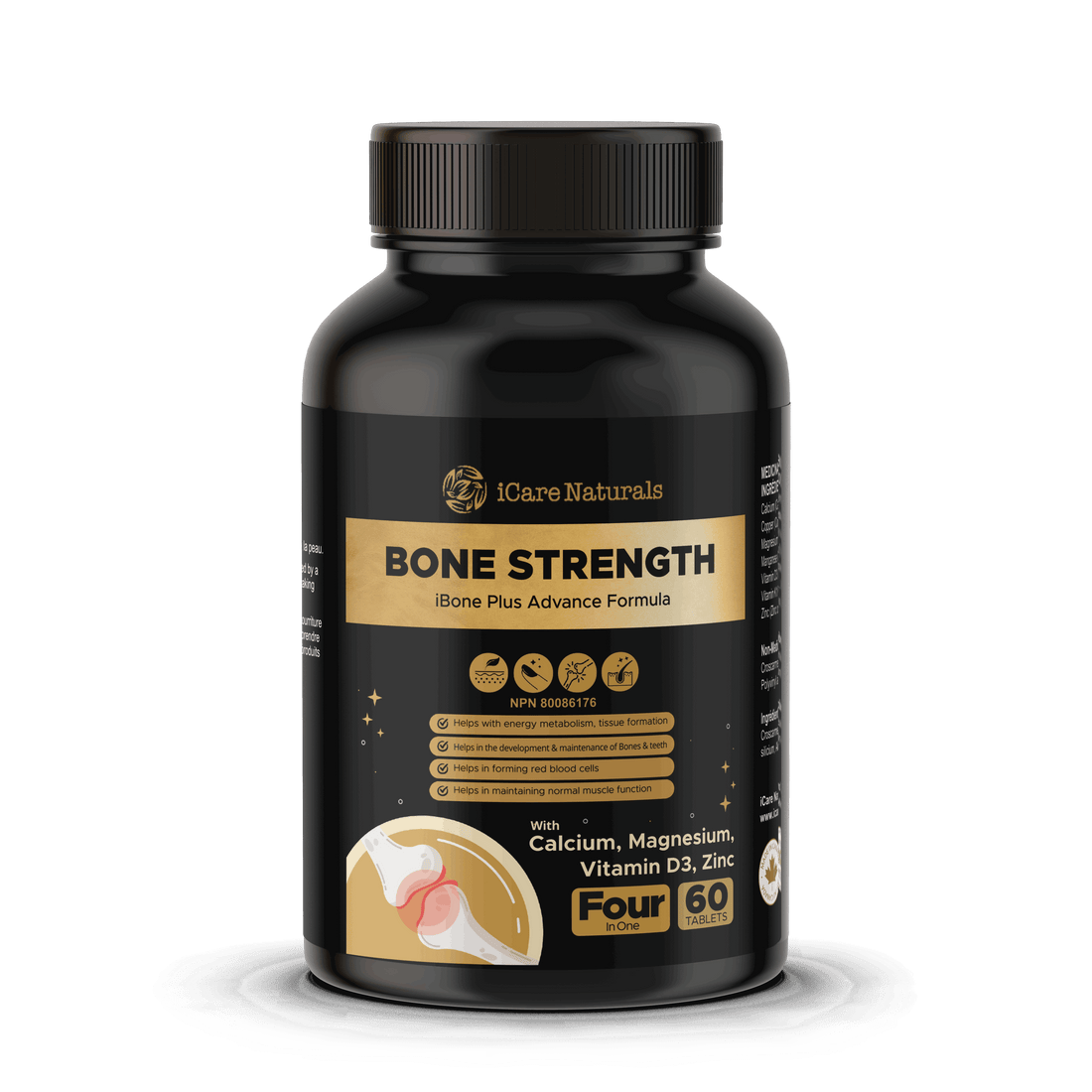 Supplements for BONES - Bone Strength (iBone Plus) Hair, Nails & Skin Support - with Calcium, Magnesium, Zinc, Vitamin D3, K1, Plus. Halal, Gluten-Free, Gelatin-Free - 60 Tablets.