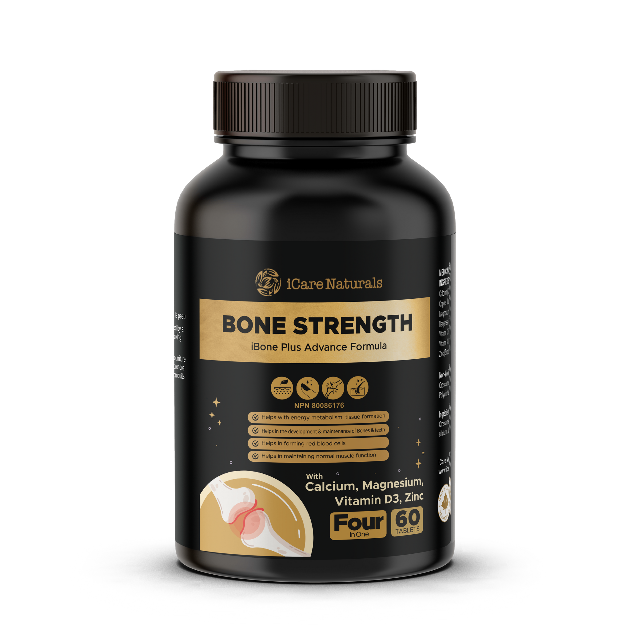 Supplements for BONES - Bone Strength (iBone Plus) Hair, Nails & Skin Support - with Calcium, Magnesium, Zinc, Vitamin D3, K1, Plus. Halal, Gluten-Free, Gelatin-Free - 60 Tablets.