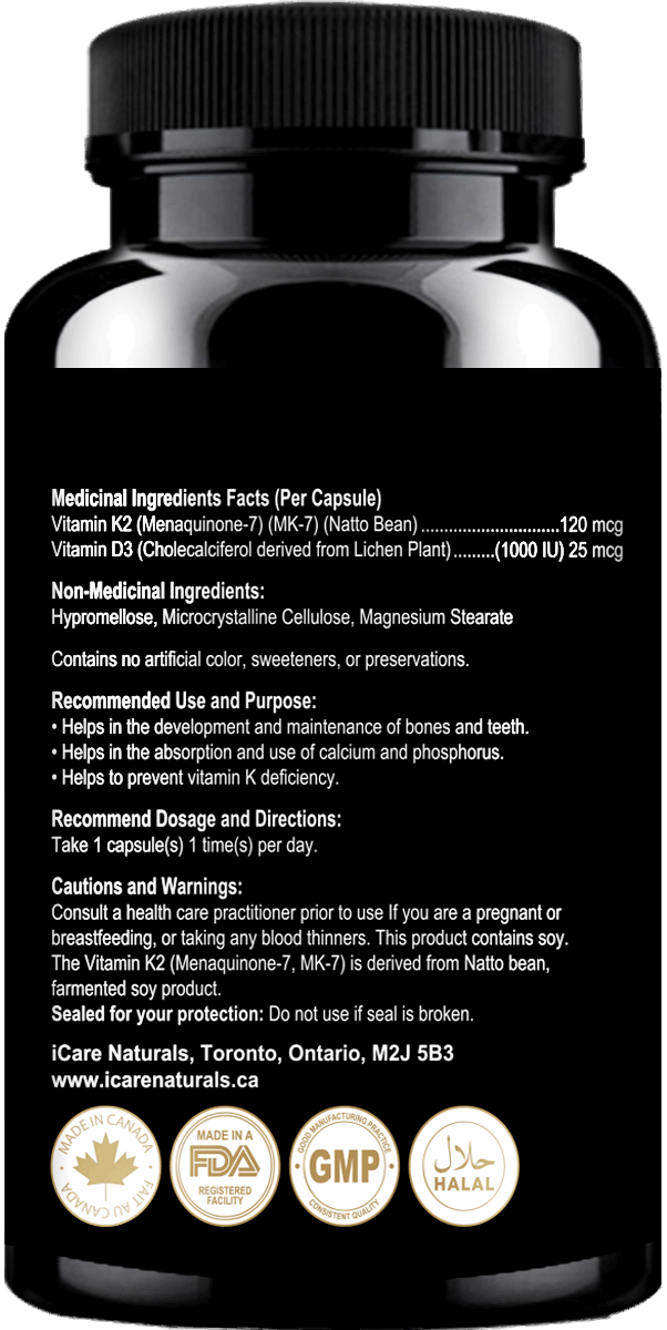 D3+K2 I Canadian-Made High Potency 1000 IU/120MCG - 120 Capsules - Helps Maintain Bone &amp; Teeth Health - With MK-7 For Best Results - Support Immune System - Vegan