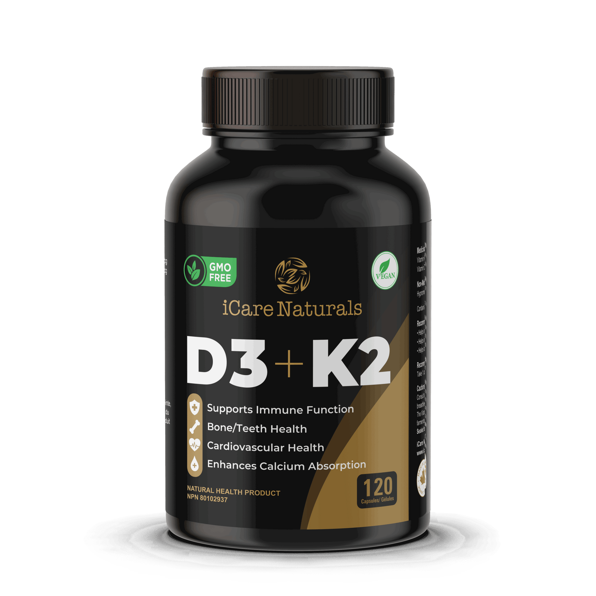 D3+K2 I Canadian-Made High Potency 1000 IU/120MCG - 120 Capsules - Helps Maintain Bone &amp; Teeth Health - With MK-7 For Best Results - Support Immune System - Vegan