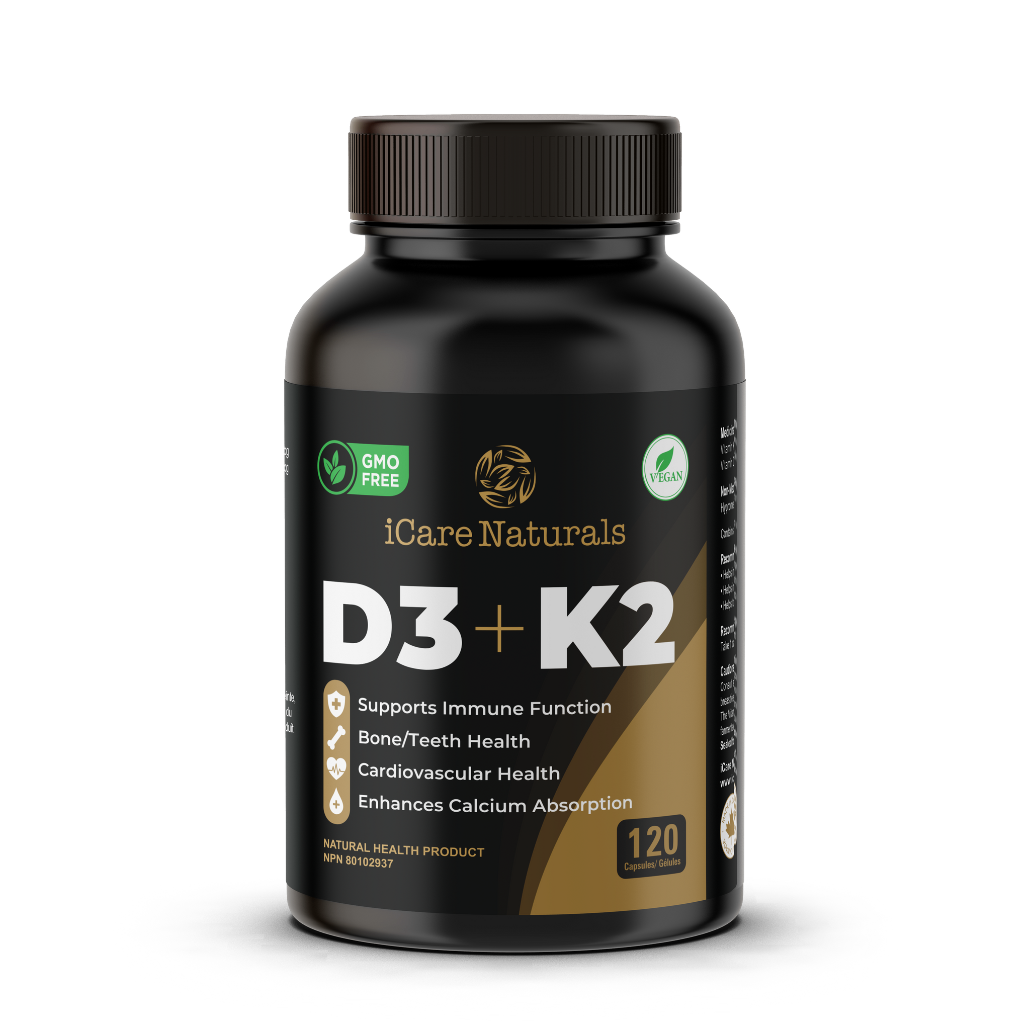 iCare Naturals D3+K2 | Canadian-Made High Potency 1000 IU/120MCG - 120 Capsules - Helps Maintain Bone & Teeth Health - With MK-7 For Best Results - Support Immune System - Vegan