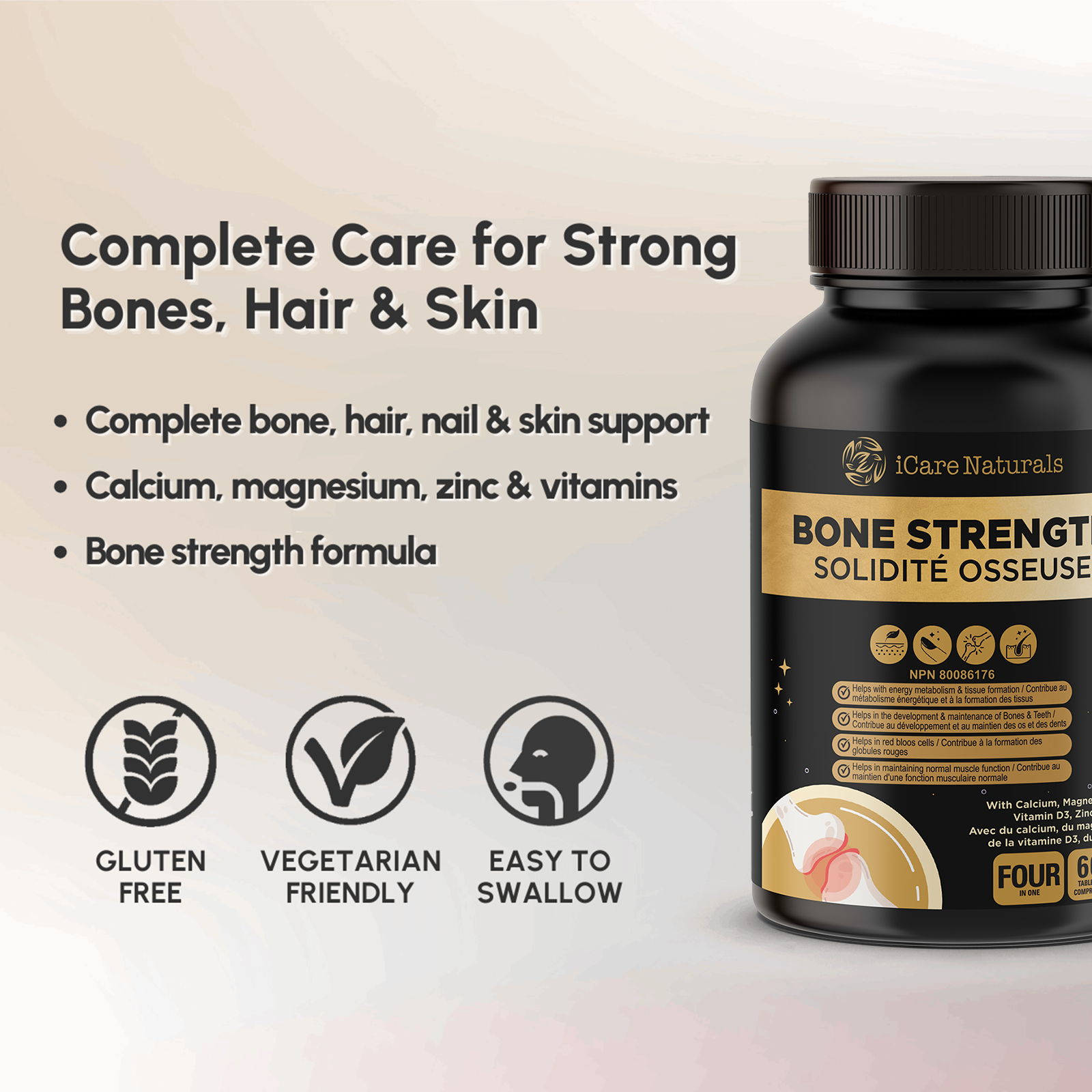 Supplements for BONES - Bone Strength (iBone Plus) Hair, Nails & Skin Support - with Calcium, Magnesium, Zinc, Vitamin D3, K1, Plus. Halal, Gluten-Free, Gelatin-Free - 60 Tablets.