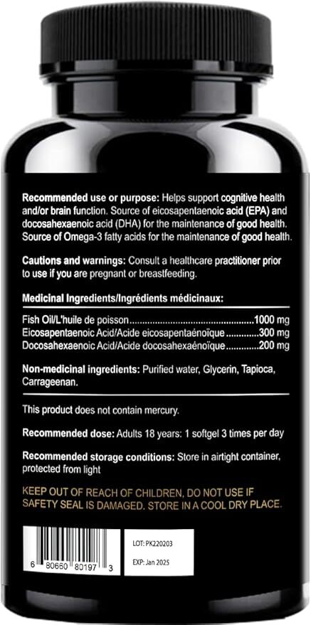 Omega 3 Fish Oil Supplements Canada - Halal, Fish Gelatin Softgel Capsule,  Gluten Free, EPA/DHA Supplement - 1000 mg - 90 softgel