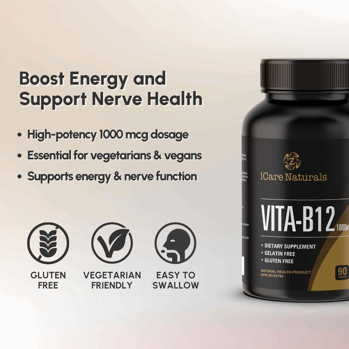 Vitamin B12 Supplement - 1000 mcg for Vegetarians, Gluten-Free, Halal