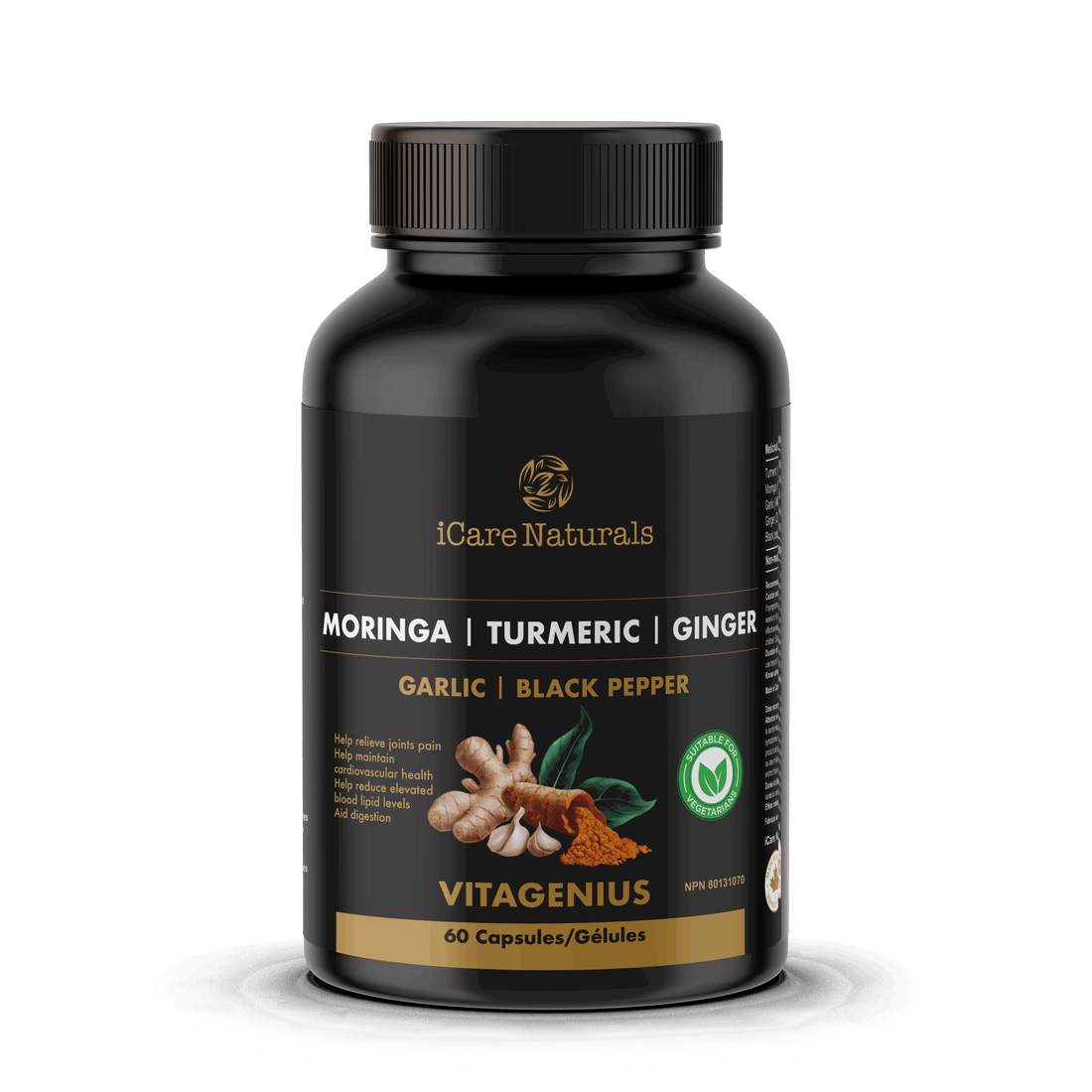 VitaGenius - Super Food & Antioxidant formula with Moringa, Turmeric, Ginger, Garlic & Black Pepper. Used in herbal medicine to assist joint pain relief, maintain cardiovascular health, help reduce elevated blood lipid levels & aid digestion