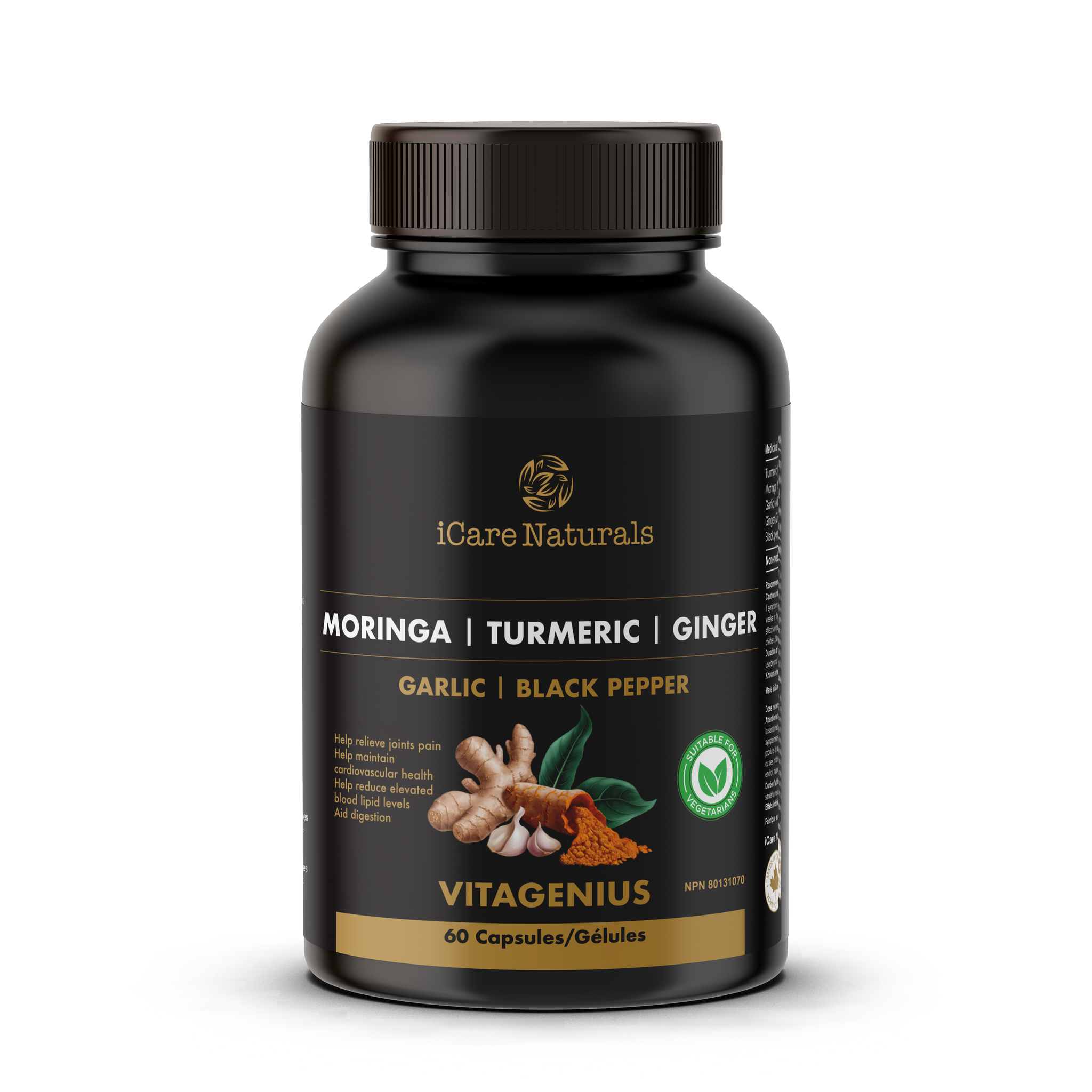 VitaGenius - Super Food & Antioxidant formula with Moringa, Turmeric, Ginger, Garlic & Black Pepper. Used in herbal medicine to assist joint pain relief, maintain cardiovascular health, help reduce elevated blood lipid levels & aid digestion
