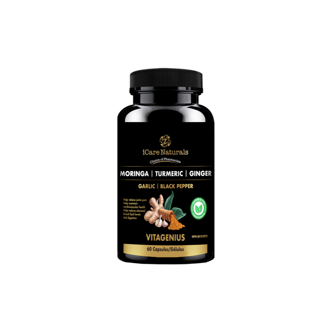 VitaGenius - Super Food & Antioxidant formula with Moringa, Turmeric, Ginger, Garlic & Black Pepper. Used in herbal medicine to assist joint pain relief, maintain cardiovascular health, help reduce elevated blood lipid levels & aid digestion