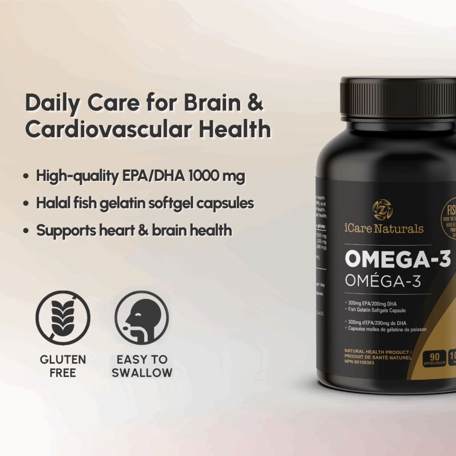 Omega 3 Fish Oil Supplements Canada - Halal, Fish Gelatin Softgel Capsule,  Gluten Free, EPA/DHA Supplement - 1000 mg - 90 softgel