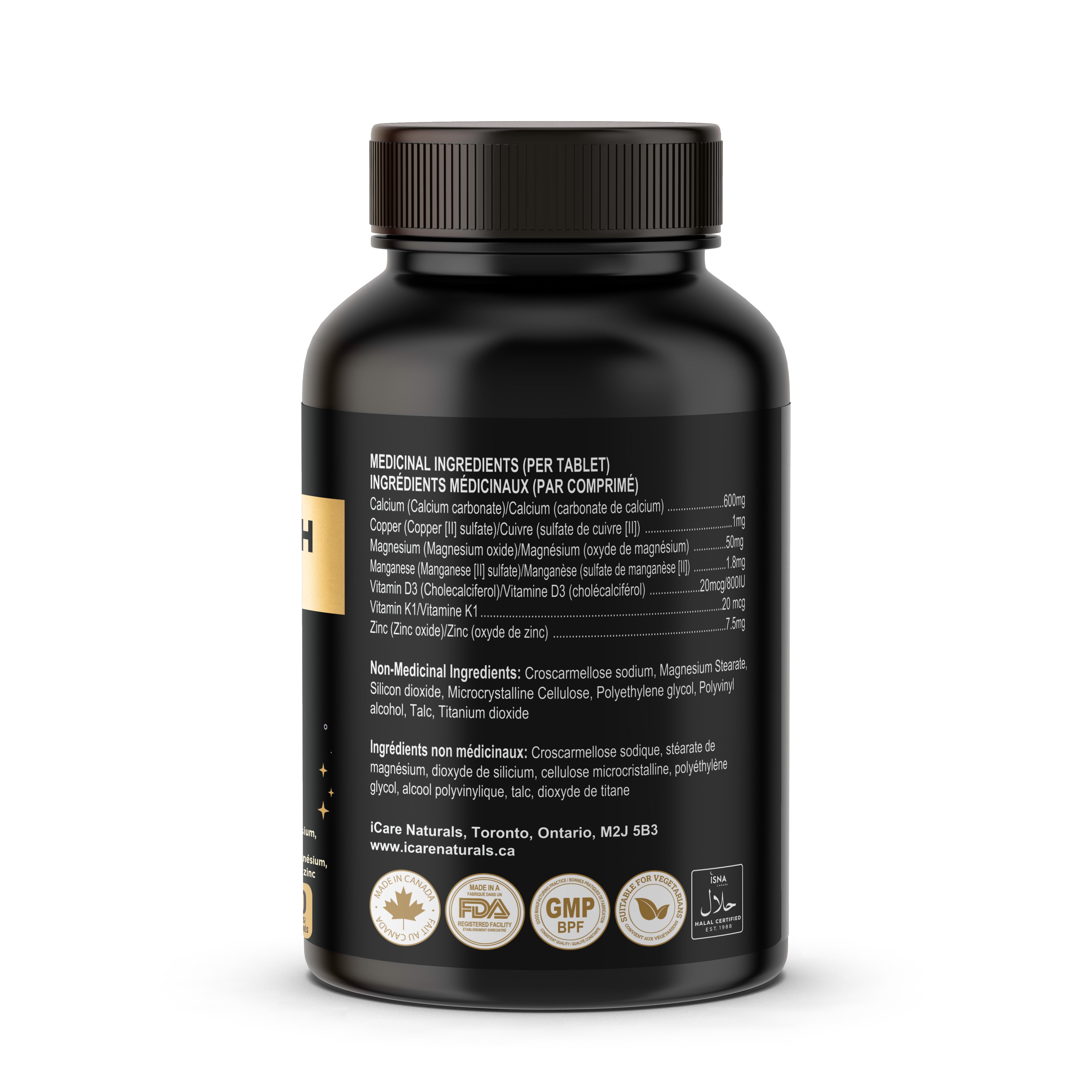 Supplements for BONES - Bone Strength (iBone Plus) Hair, Nails & Skin Support - with Calcium, Magnesium, Zinc, Vitamin D3, K1, Plus. Halal, Gluten-Free, Gelatin-Free - 60 Tablets.