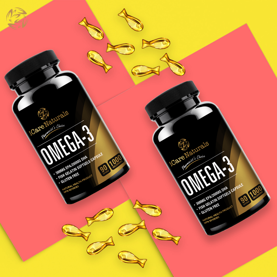 Omega 3 Fish Oil Supplements Canada - Halal, Fish Gelatin Softgel Capsule, Gluten Free, EPA/DHA Supplement - 1000 mg - 90 softgel - iCare Naturals