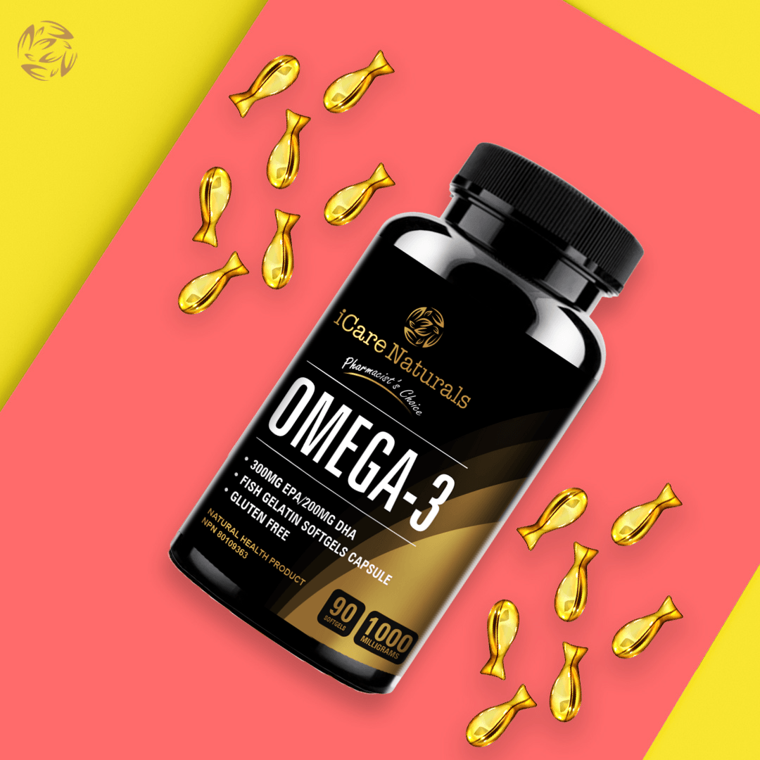 Omega 3 Fish Oil Supplements Canada - Halal, Fish Gelatin Softgel Capsule, Gluten Free, EPA/DHA Supplement - 1000 mg - 90 softgel - iCare Naturals