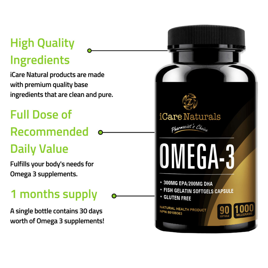 Omega 3 Fish Oil Supplements Canada - Halal, Fish Gelatin Softgel Capsule, Gluten Free, EPA/DHA Supplement - 1000 mg - 90 softgel - iCare Naturals